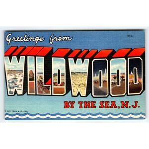 Greetings From Wildwood By The Sea New Jersey Linen Large Letter Postcard C T